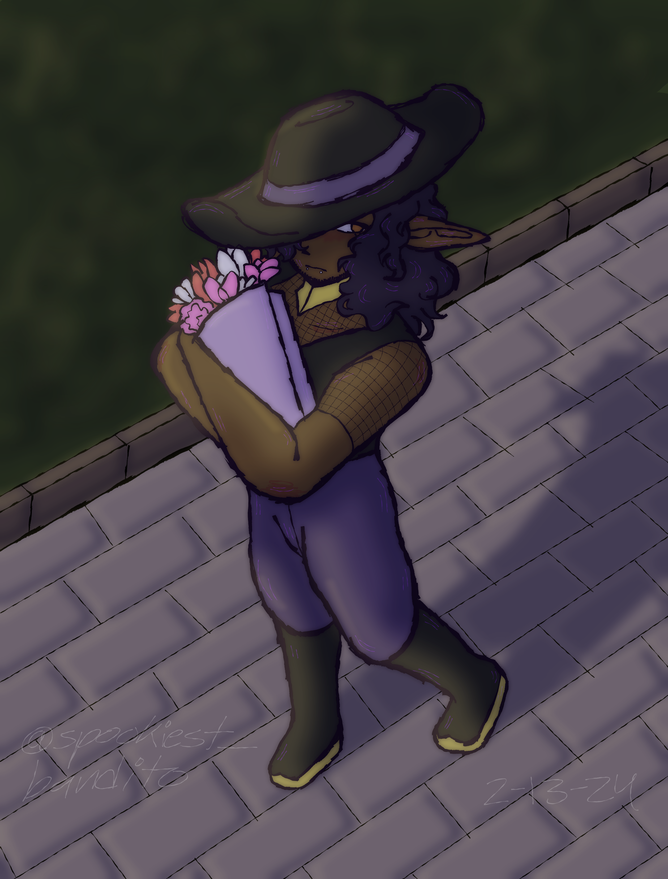 Audri Valentines (2024). A drawing of a character named Audri. He's walking down an empty sidewalk while holding a bouquet of flowers. A large sunhat is covering most of his face.
